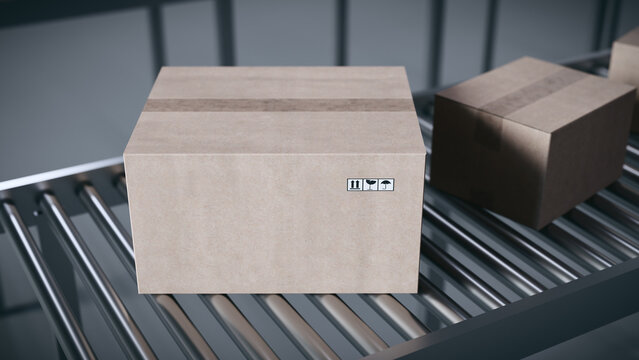 Cardboard box on a conveyor belt.3d rendering