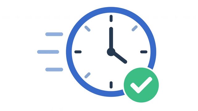 Flat vector animation of a wall clock with a green checkmark, time management, deadline, and productivity concept.