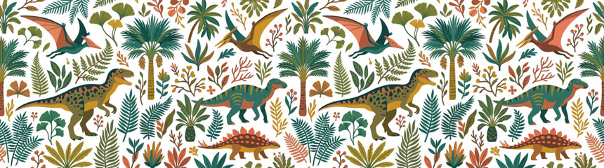 Whimsical Dinosaur Jungle Pattern with Tropical Plants © Bris