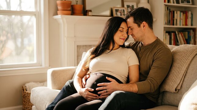 Loving husband embracing his pregnant wife tenderly while sitting together on a comfortable sofa in a cozy living room.
