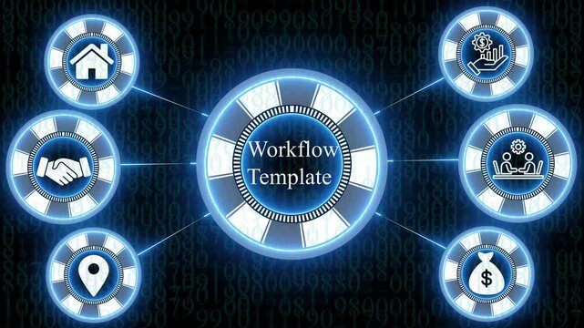Workflow template concept featuring glowing blue circular connected to a central hub with binary code background in a dark digital setting