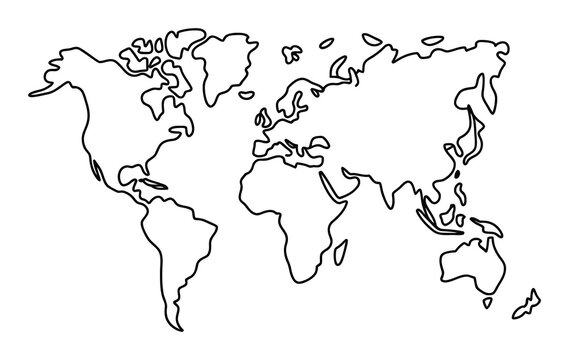 Contorno simple en blanco y negro del mapa de los continentes