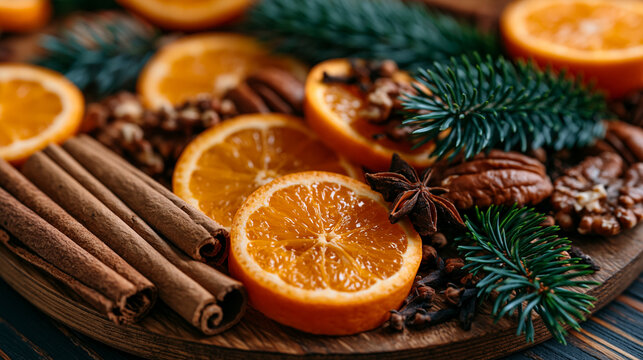 Fresh mandarin slices displayed beside cinnamon sticks, pecans, cloves and evergreen sprigs on a dark wooden tabletop, inviting seasonal food composition with natural holiday ingredients, ultra phot
