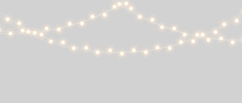 Decorative lights glow in sweeping strands, with small bulbs spaced along thin cords in gentle arc. Isolated, transparent background, cut out, no background, png, this airy light arrangement suits