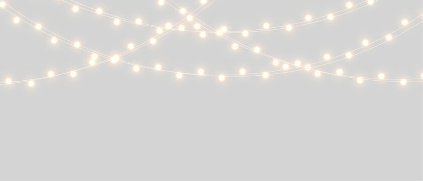 Isolated soft glow garland with warm bulbs draped in gentle arcs. Fine lines connect bright points, creating airy decorative illumination that feels light, elegant, and ready for seasonal design use.