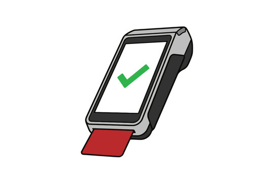 POS Terminal with Card Payment Success on White Background