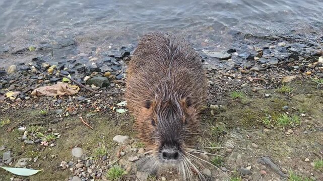 Tracking handheld shot of nutria emerging from water and walking onto rocky riverbank shoreline during daytime overcast. Prague, Vltava
