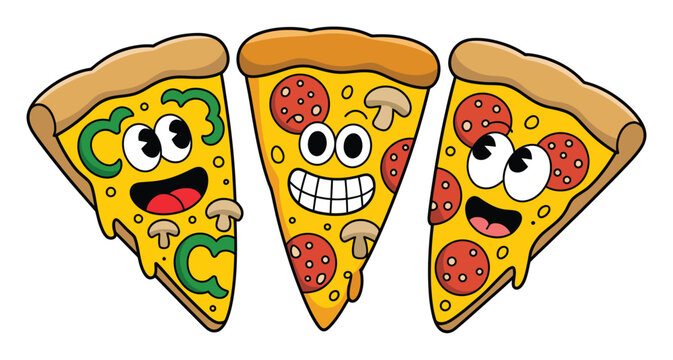 Tres rebanadas de pizza de dibujos animados con caras divertidas e ingredientes