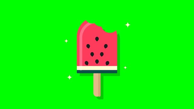 Watermelon flavored popsicle ice cream bar bitten on green screen background for summer food and vacation commercials