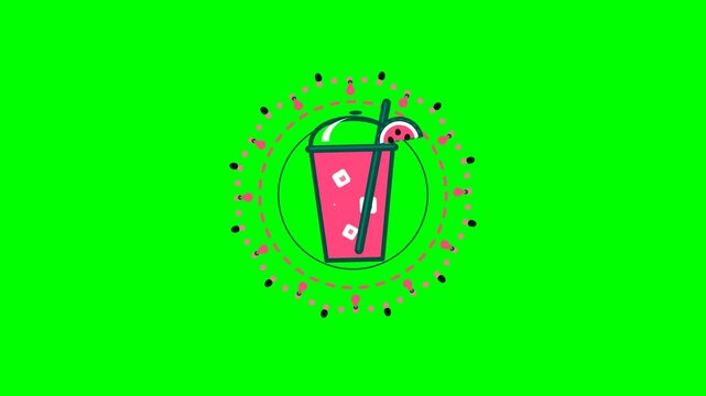 Watermelon Juice Animation in Plastic Cup with Ice on Green Screen Background for Refreshing Summer Drinks Promo