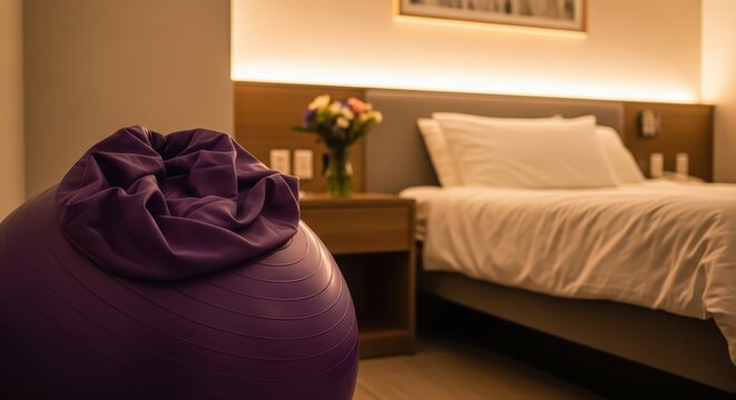 Interior scene with a purple exercise ball in the foreground and a neatly made bed in a hotel room with warm ambient lighting.