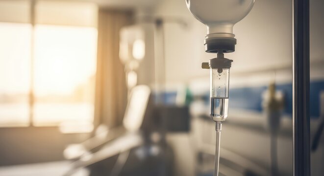 Intravenous drip in focus, representing healthcare, medical treatment, and recovery in a hospital setting