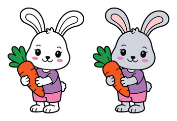 Dos adorables conejos de dibujos animados con zanahorias aislados sobre fondo blanco © Rakibul
