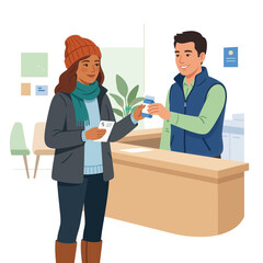 Fototapeta premium Pharmacist handing medication to customer at counter, healthcare scene