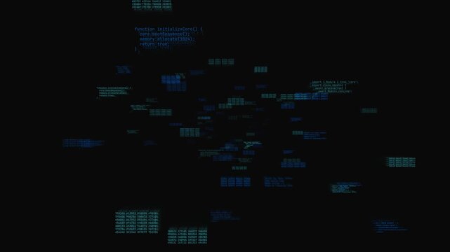 Source code snippets and programming scripts floating in dark digital space for software development and cybersecurity background.