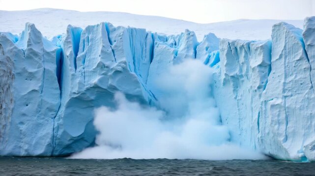 Aerial view of a melting iceberg in the ocean, with white sea foam on top and blue waters surrounding it.