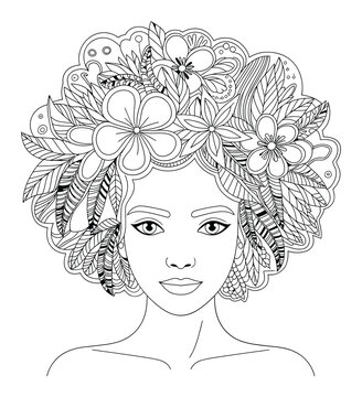 Retrato de una mujer con cabello floral para colorear