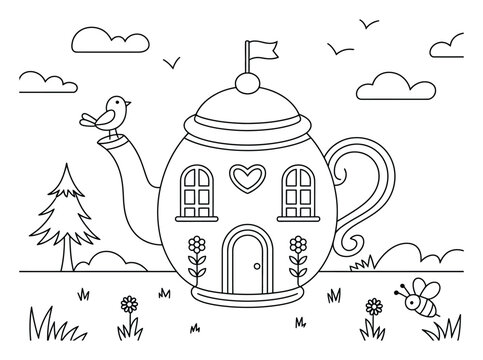 Divertida casa con tetera para colorear para ni&ntilde;os con elementos de la naturaleza