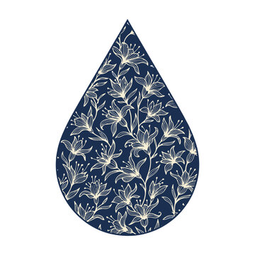Blue water drop with white floral pattern on isolated background