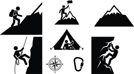 Mountain climbing and hiking icon set featuring adventurers summiting peak camping tent compass carabiner and rock climbers © MdRakib