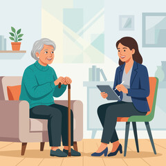 Obraz premium Senior woman receiving care from a younger professional in a comfortable living room setting, illustration.