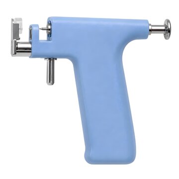 A tool designed for ear piercing sits on a plain surface. It has a blue plastic handle and metal components. It is used to pierce ears quickly and safely