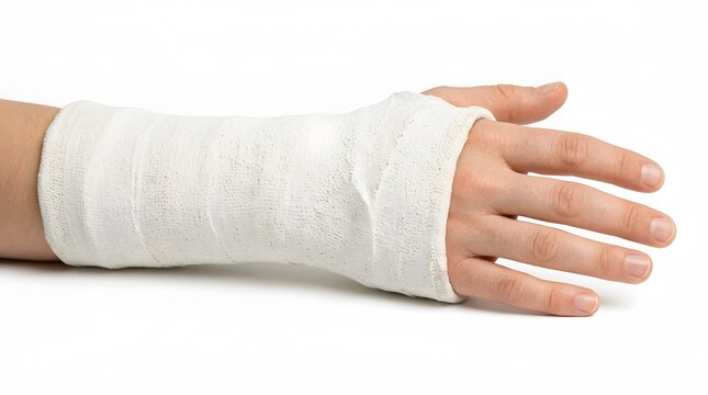 A person has their hand wrapped in a white bandage. The injury is on the wrist. The hand is resting on a flat surface. This scene shows a recovery moment after an accident at home