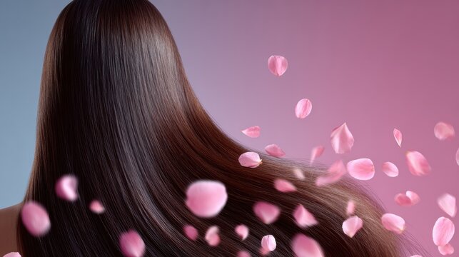 Pink flower on long hair of beauty woman in studio,spring or summer concept,creative bright image for advertising products for hair,copy space,sakura,cherry blossom,Bridal hairstyle with real flowers.