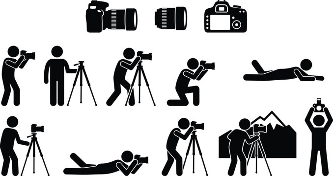 Photography vector stick figure set featuring photographers using dslr camera lenses tripod taking pictures from various angles