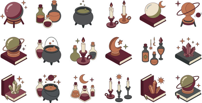 Set of magic items featuring crystal balls potions cauldrons books candles and space symbols Vector