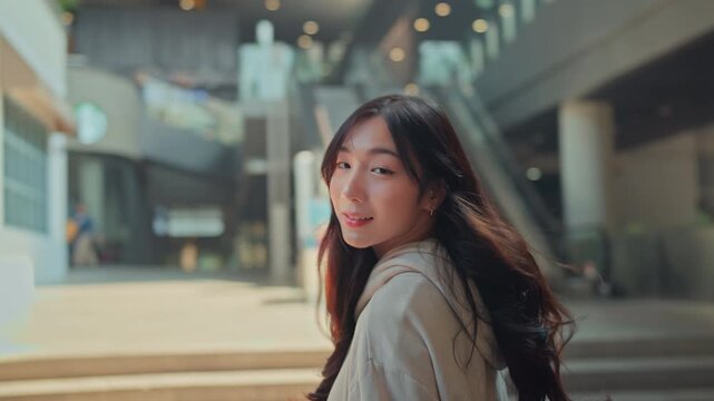Happy young Asian woman walking forward and turning around looking at camera with a cheerful smile at modern shopping mall outdoor area, beautiful female enjoying leisure city lifestyle for urban