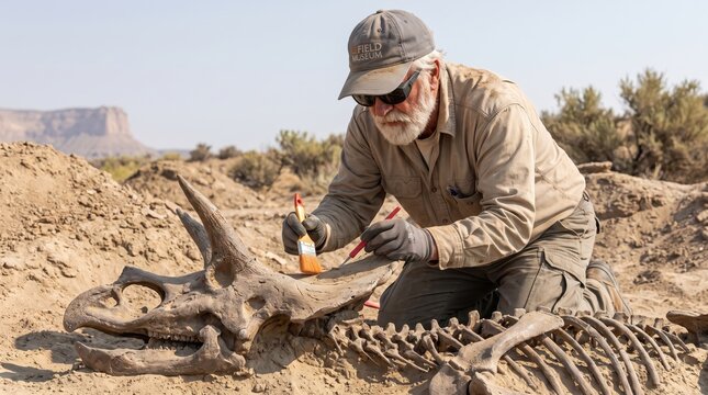 Experienced archaeologist cleaning ancient triceratops skull and skeleton bones at an outdoor field excavation site.