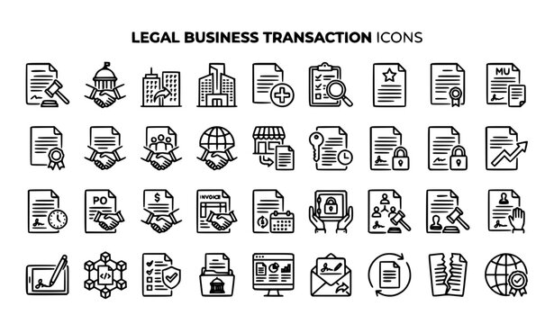Legal business transaction agreement outline icons | Corporate approval contract signing compliance editable stroke collection on white