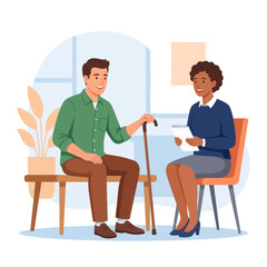 Obraz premium Therapist Consults with Patient Holding Cane in Modern Office Setting
