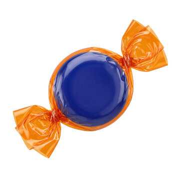 3d render of vibrant blue hard candy wrapped in orange cellophane foil isolated on transparent background perfect for confectionery advertising and festive sweet snack designs