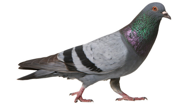 Rock dove pigeon with iridescent neck feathers and striped wings
