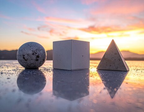Geometric forms on reflective surface with sunset sky background
