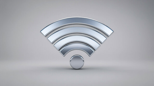 Modern metallic wi fi signal icon with waves and sphere on gray background