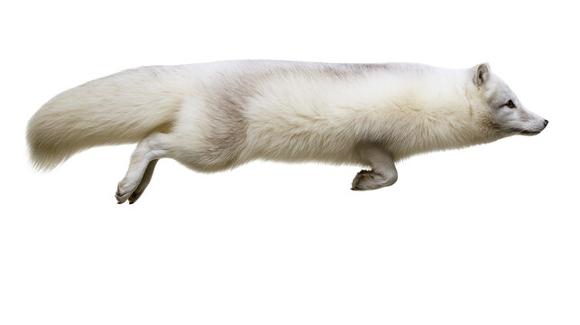 Arctic fox running with white fur and grey markings