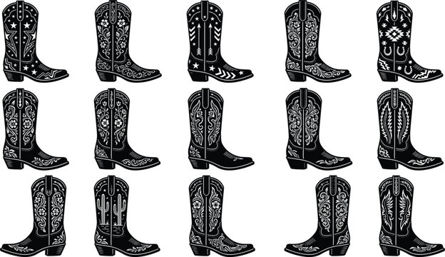 Traditional wild west cowboy boots collection featuring vintage ornate patterns western stars and floral embroidery silhouette vectors