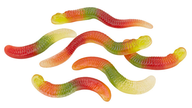 Gummy worm candies in red green, and yellow colors