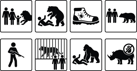 Wild animal danger warning signs icon set featuring zoo safety rules bear attack tiger cage and rhino warnings vectors © MdRakib