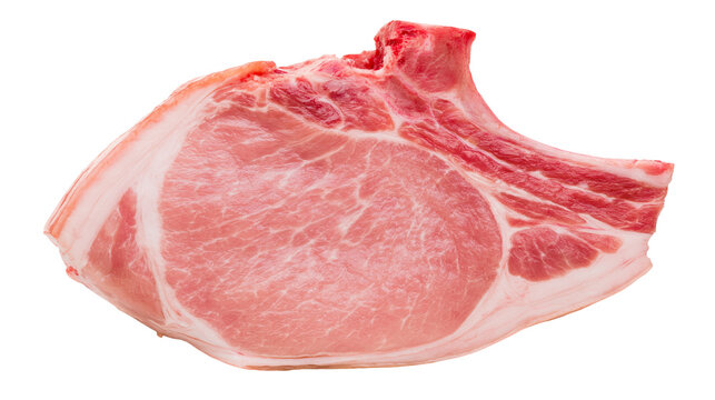 Raw pork loin chop with bone and fat layer