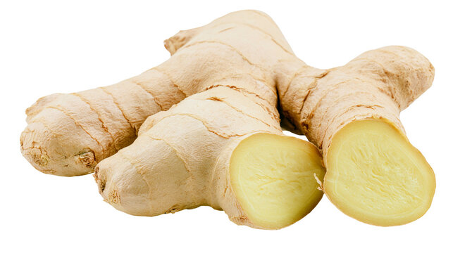 Fresh ginger root with one piece cut in half showing fibrous texture