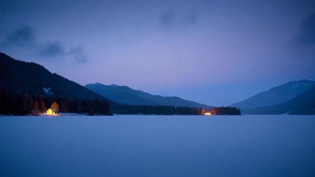 A peaceful winter scene with the calm lake and mountain backdrop during sunset.