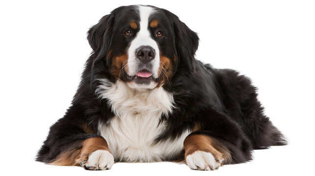Bernese Mountain Dog lying down with tongue out