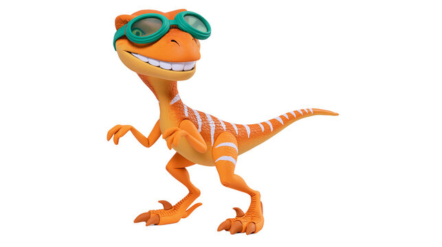 Orange cartoon dinosaur with green goggles