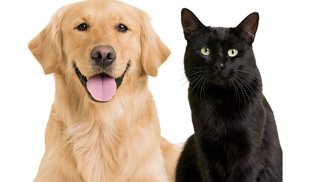 Golden Retriever dog and black cat sitting together
