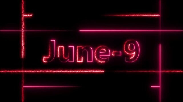 June 9 neon bright calendar date red color animation Futuristic Schedule Concept. Neon bright 9 June date text red color animation. Suitable for event promotion, important.
