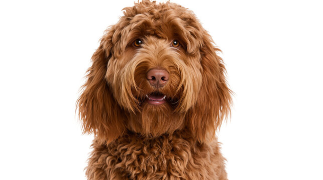 Fluffy brown dog with curly fur and open mouth